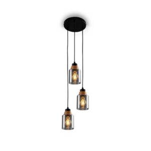 Briloner Pendelleuchte Royk E27 Fassung Holzapplikation Rauchglas