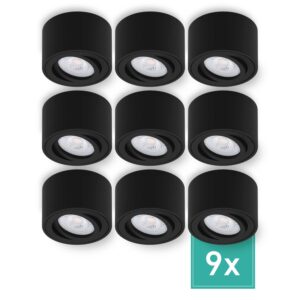 Oktaplex 9er Set Aufbaustrahler Lile S inkl. LED-Module 3-Step Dimmbar Warmweiß 3000K 230V Aluminium Black