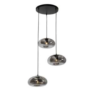 QAZQA Art Deco Hängelampe Schwarz mit Rauchglas Rund 3 Flammig   Ayesha