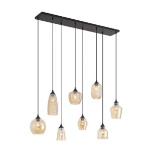 QAZQA Art Deco Hängeleuchte Schwarz mit Bernsteinfarbenem Glas 8 Flammig Hanne