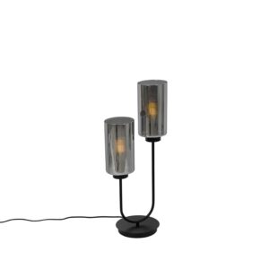 QAZQA Art Deco Tischlampe Schwarz mit Rauchglas 2 Flammig   Laura