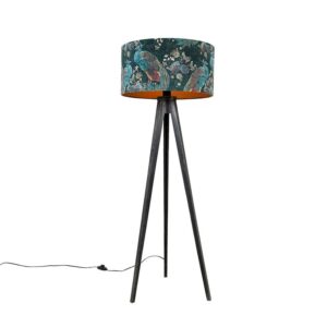 QAZQA Stehlampe Stativ Schwarz mit Schirm Pfau 50 cm Tripod Classic